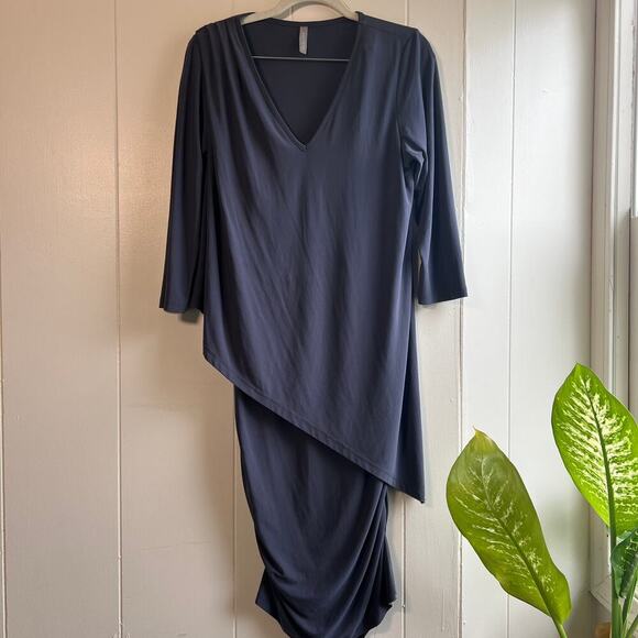 LAST TANGO Gray Ruched Asymmetrical Layered Stretch Dress M - Picture 2 of 10